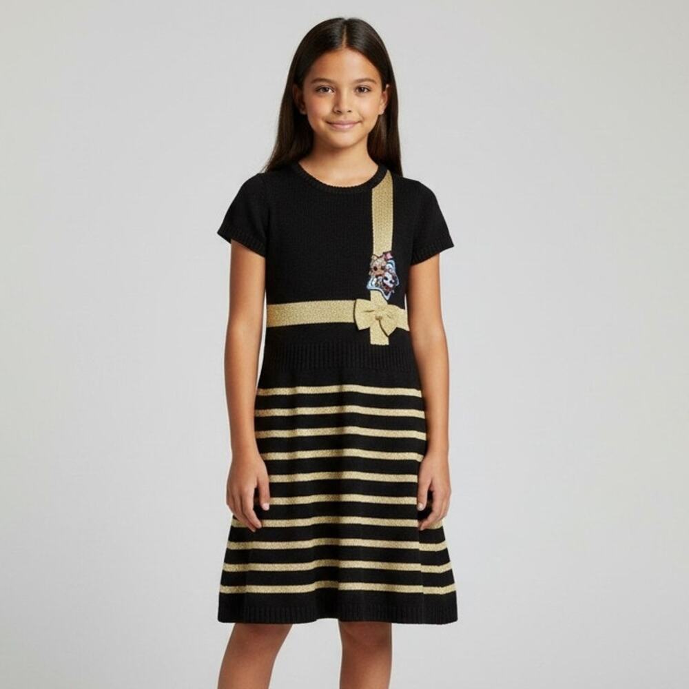 Girl's LOL Surprise Black Sweater Dress with Gold Stripes Bow Size L (10/12)